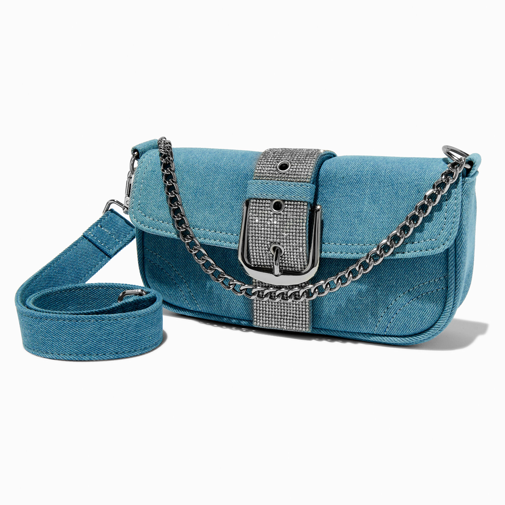 View Claires Denim Rhinestone DualStrap Crossbody Bag information