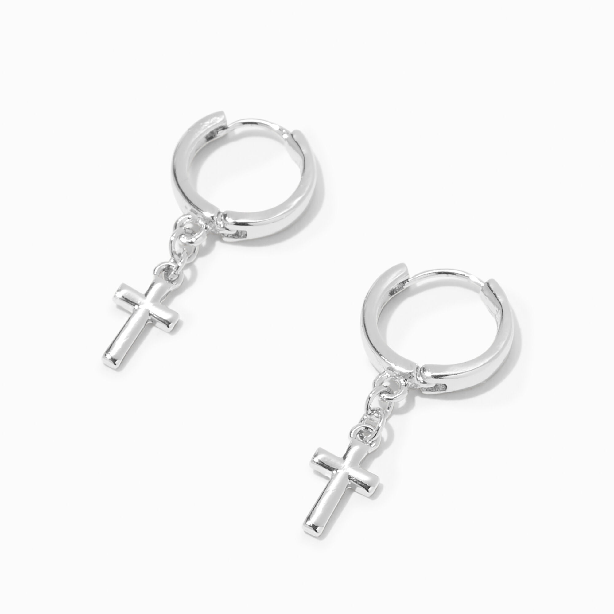 View Claires Recycled Jewelry Tone Cross 10MM Huggie Hoop Earrings Silver information