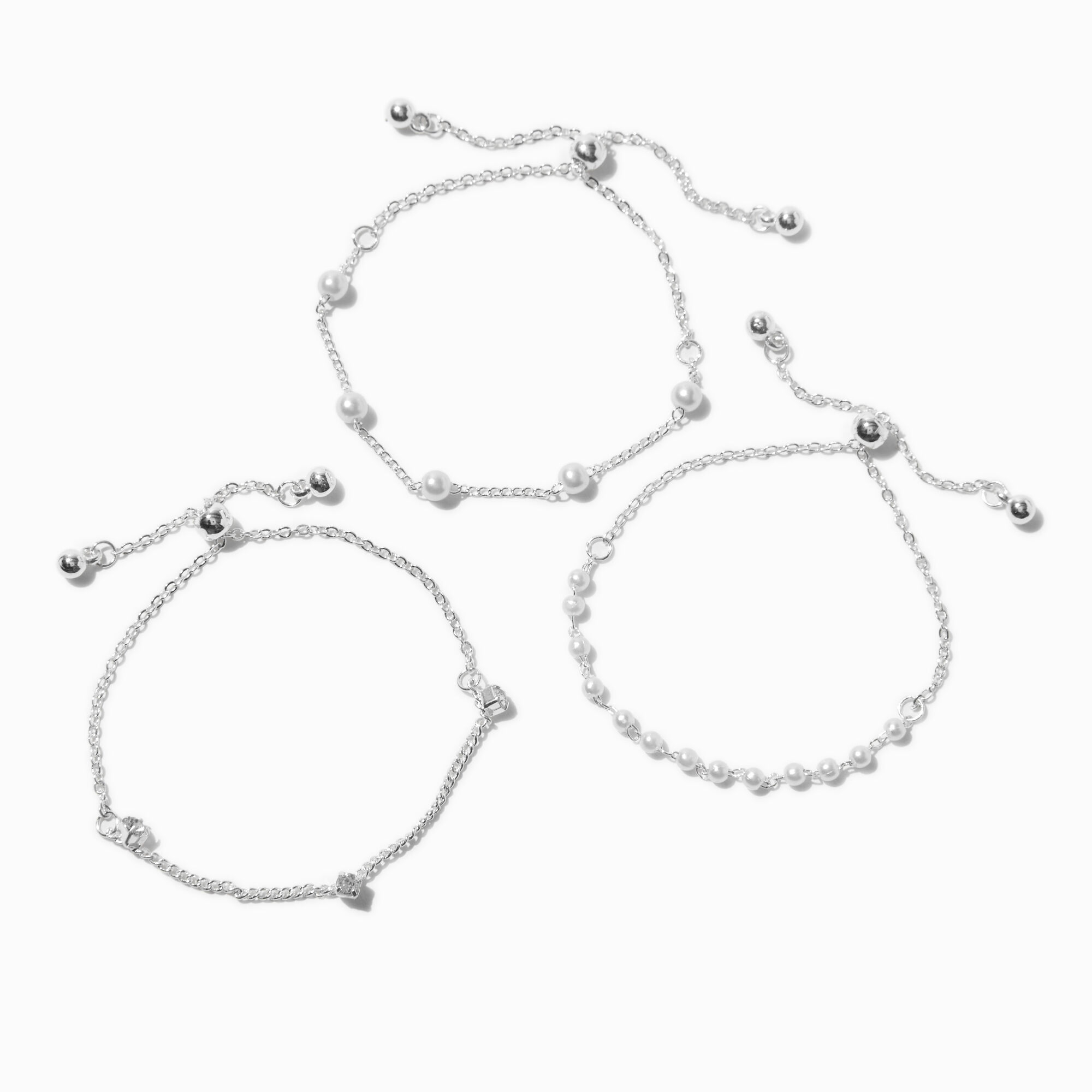 View Claires Club Special Occasion Tone Pearl Bolo Bracelets 3 Pack Silver information