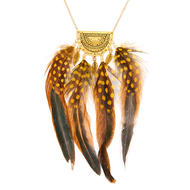 Claire's Collier long à pendentif plumes à pois jaunes couleur doré