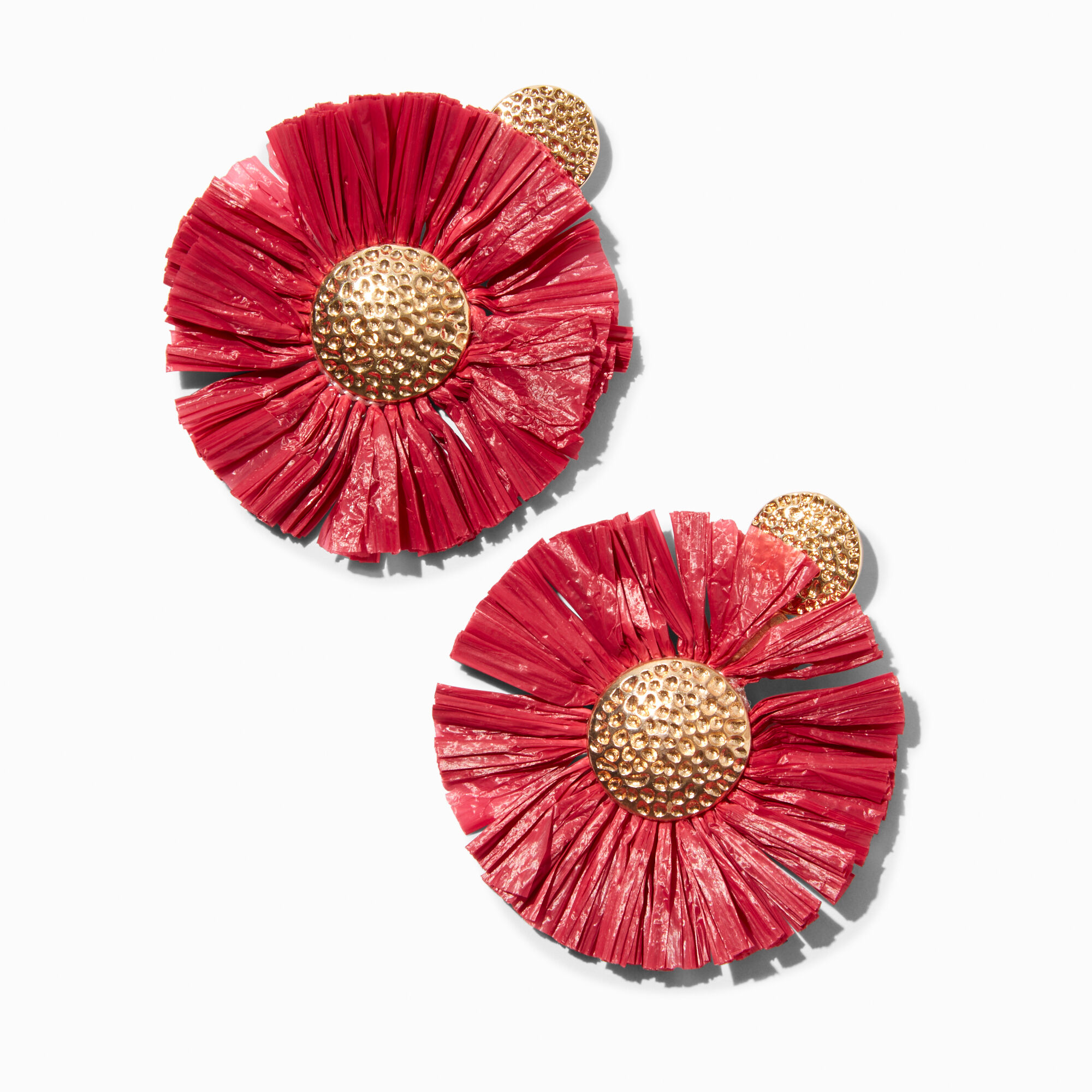 Burgundy Red Raffia Daisy 3 Drop Earrings