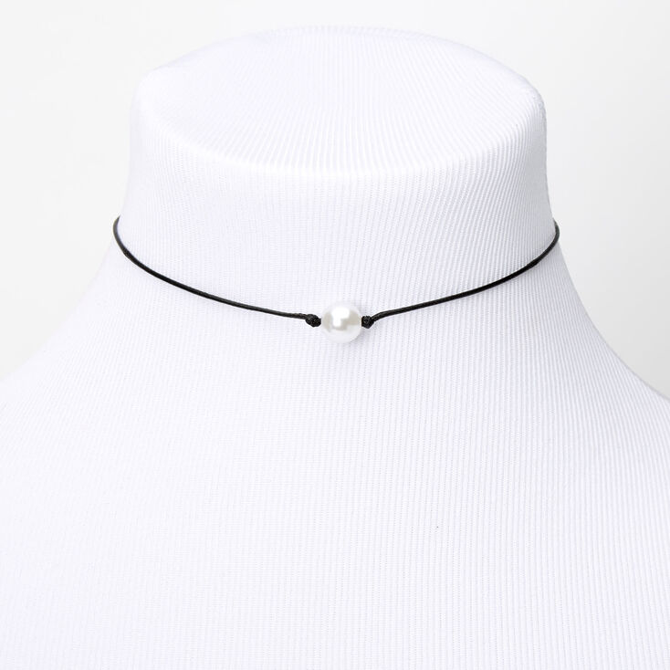 Single Pearl Cord Choker Necklace - Black,