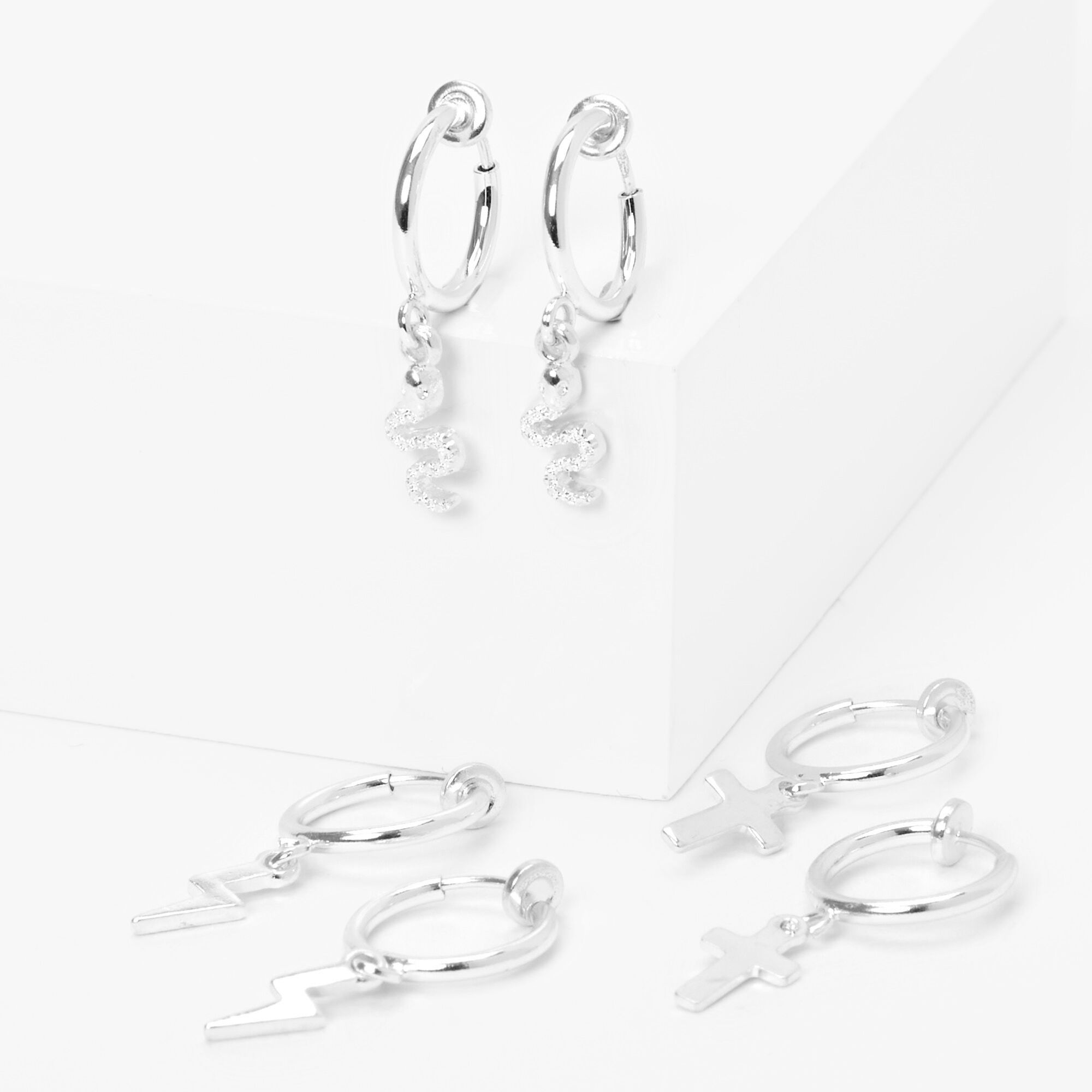 Silver Mixed Dangle Huggie Hoop Clip On Earrings 3 Pack Claire s US
