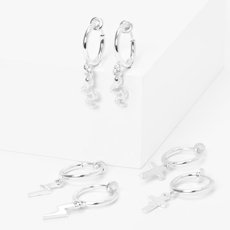 Silver Mixed Dangle Huggie Hoop Clip On Earrings - 3 Pack,