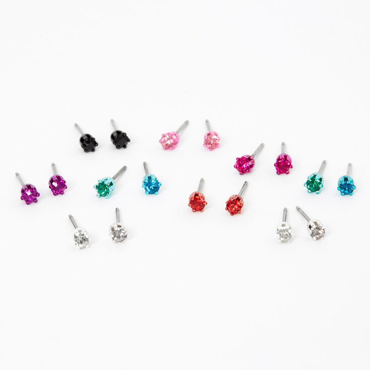 Rainbow Crystal 3mm Round Mixed Stud Earrings - 9 Pack,