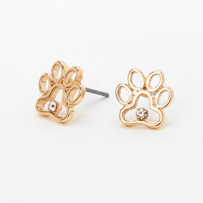 Gold-tone Crystal Paw Print Stud Earrings,