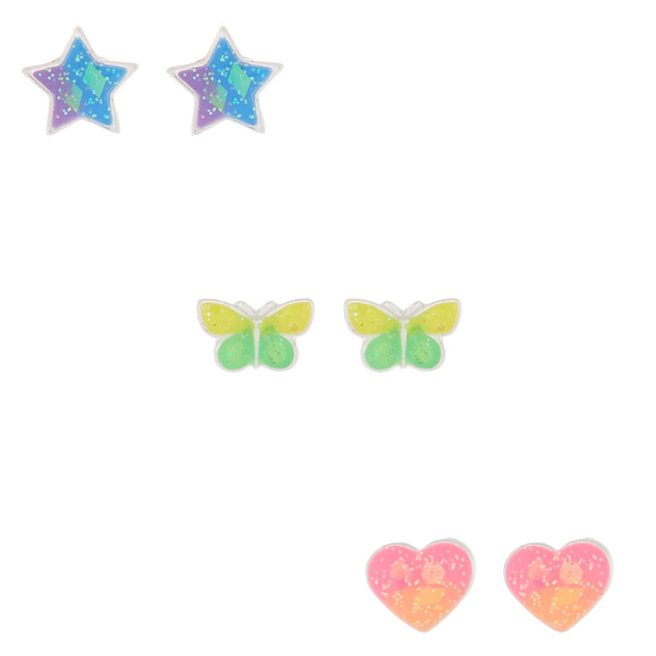 Holographic Shapes Stud Earrings - 3 Pack,