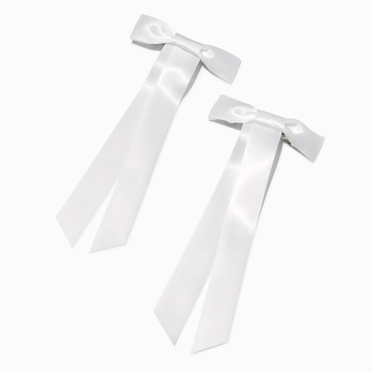 White Satin Long Tail Hair Bow Clips - 2 Pack,