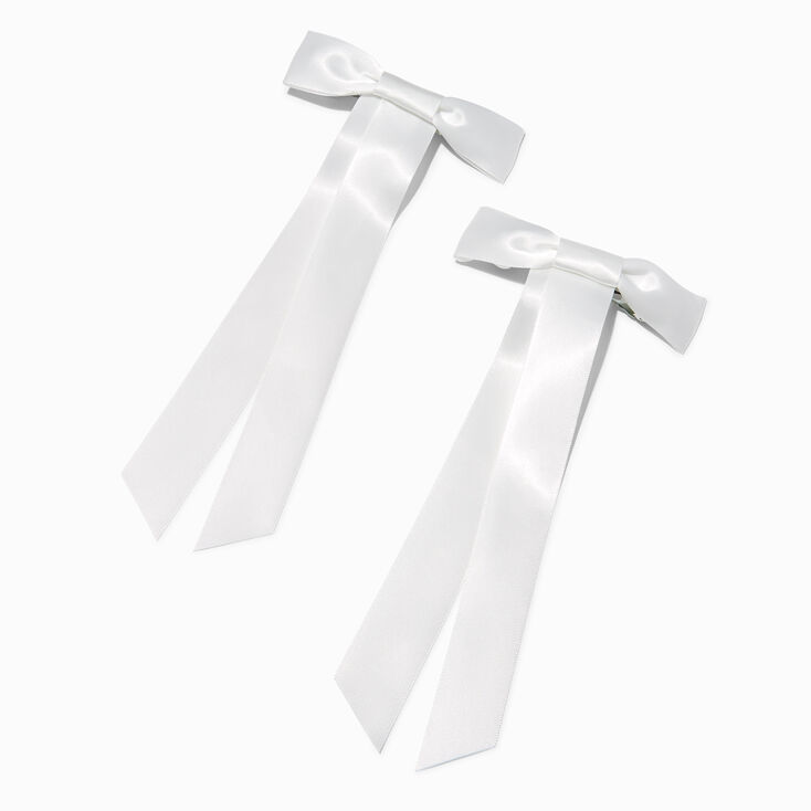 White Satin Long Tailed Hair Bow Clips - 2 Pack,