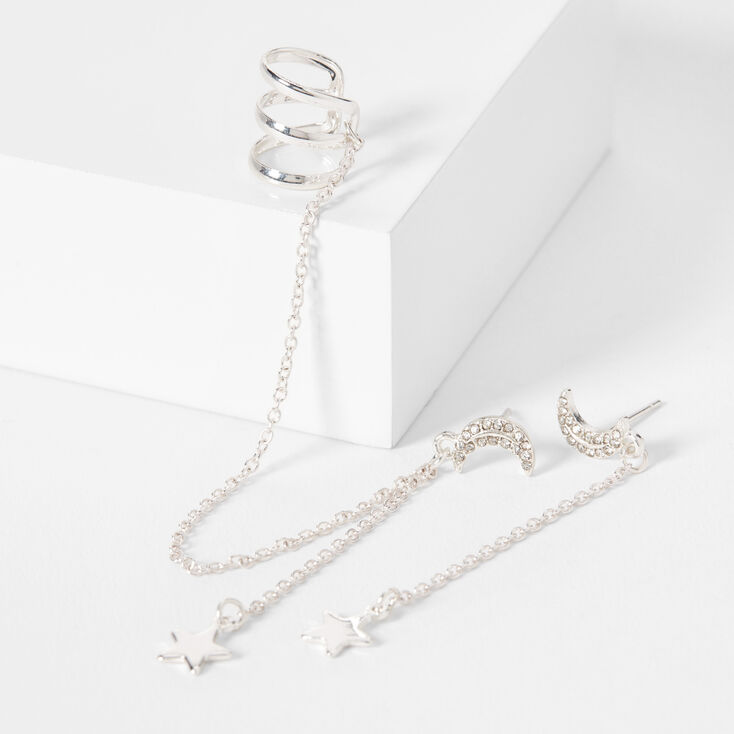 Silver Embellished Star Linear Ear Cuff Drop &amp; Stud Earrings - 3 Pack,