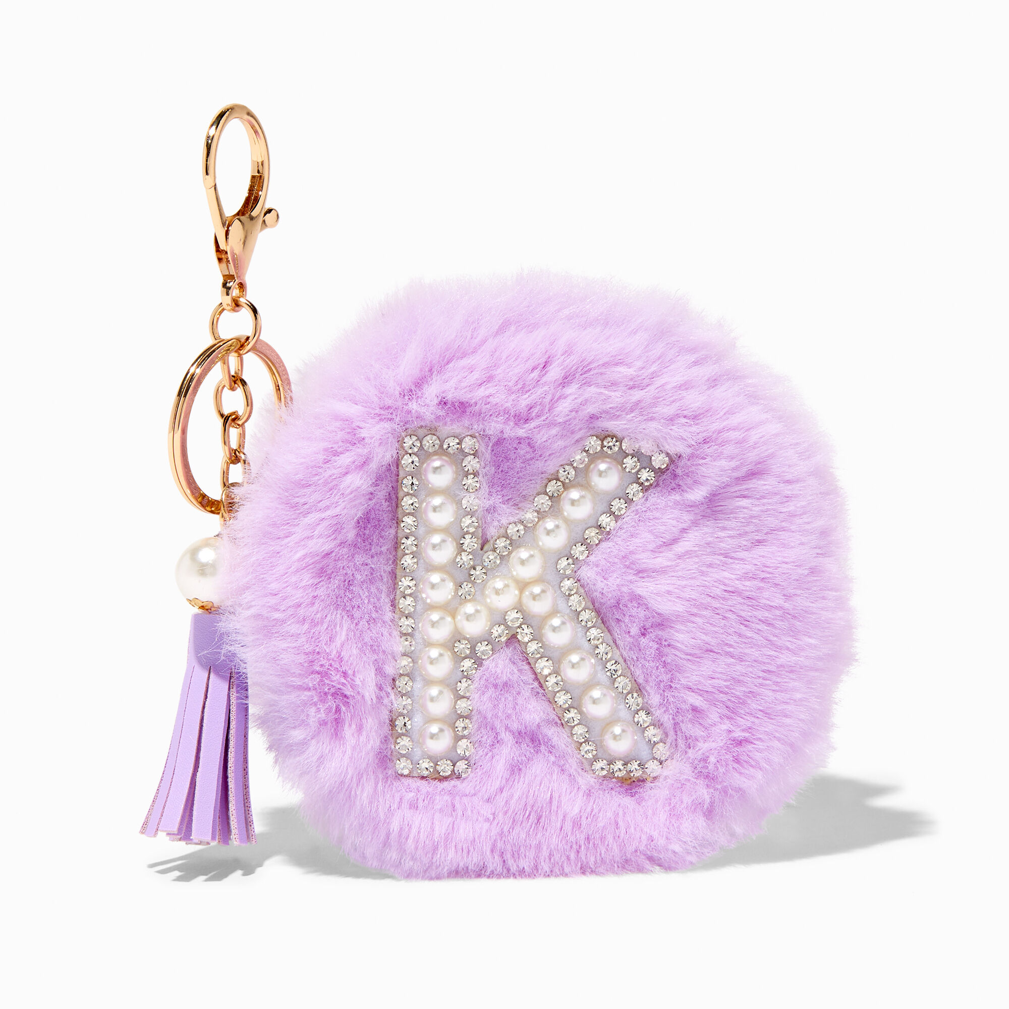 View Claires Furry Pearl Initial Coin Purse Keyring K Purple information