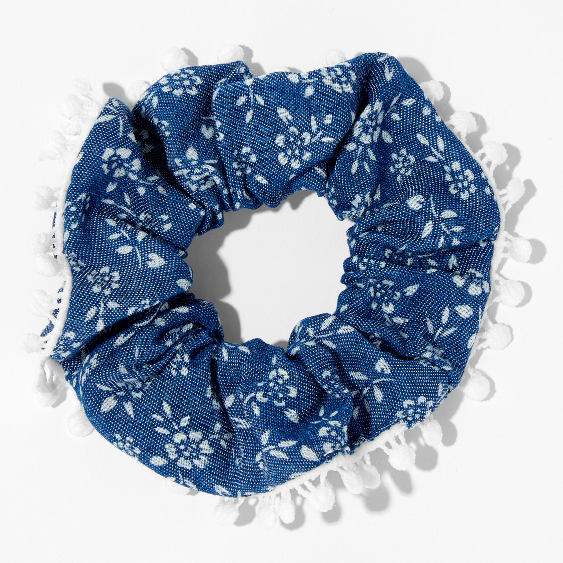 Pom Pom Trim Denim Hair Scrunchies - 5 Pack,