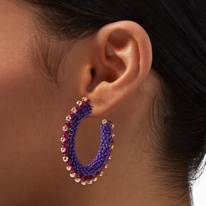 Purple &amp; Gold-tone Beaded Hoop Earrings,
