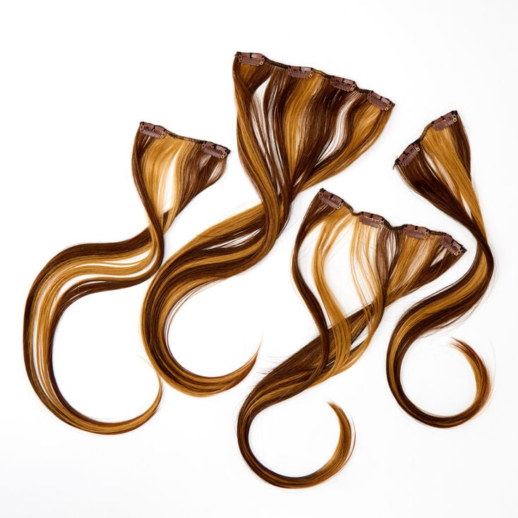Extensions de cheveux synth&eacute;tiques &agrave; clip avec d&eacute;grad&eacute; de couleurs - Ch&acirc;tain, lot de 4,