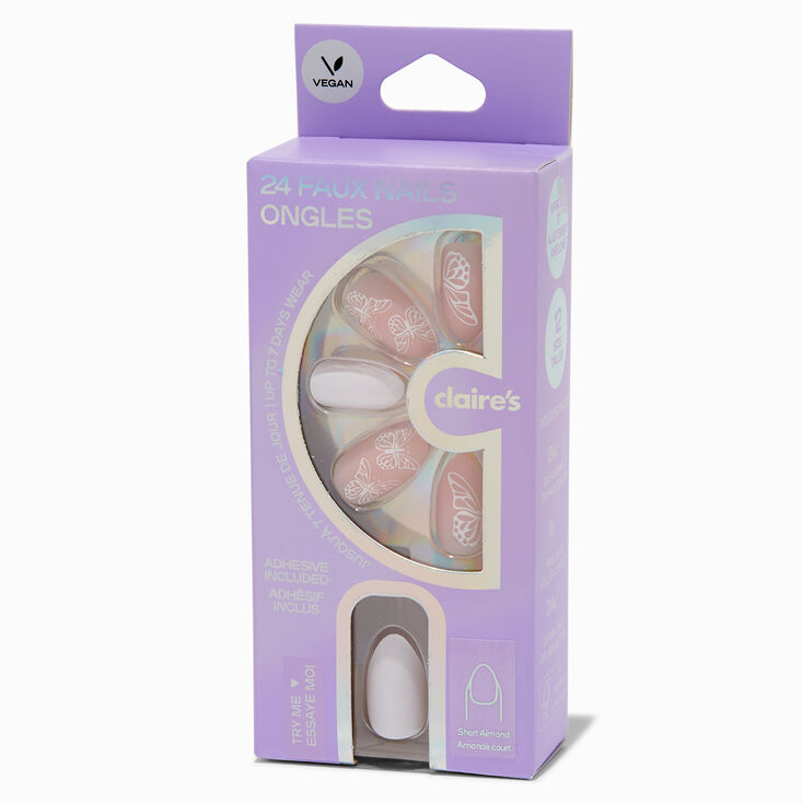 Butterfly French Short Almond Vegan Faux Nail Set - 24 Pack,