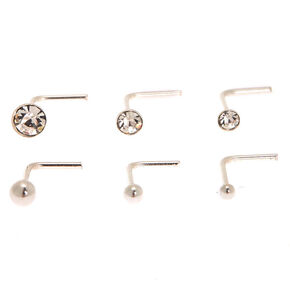 Clous pour piercing de nez avec boules et strass 0,6&nbsp;mm de diff&eacute;rentes tailles couleur argent&eacute;e - Lot de 6,