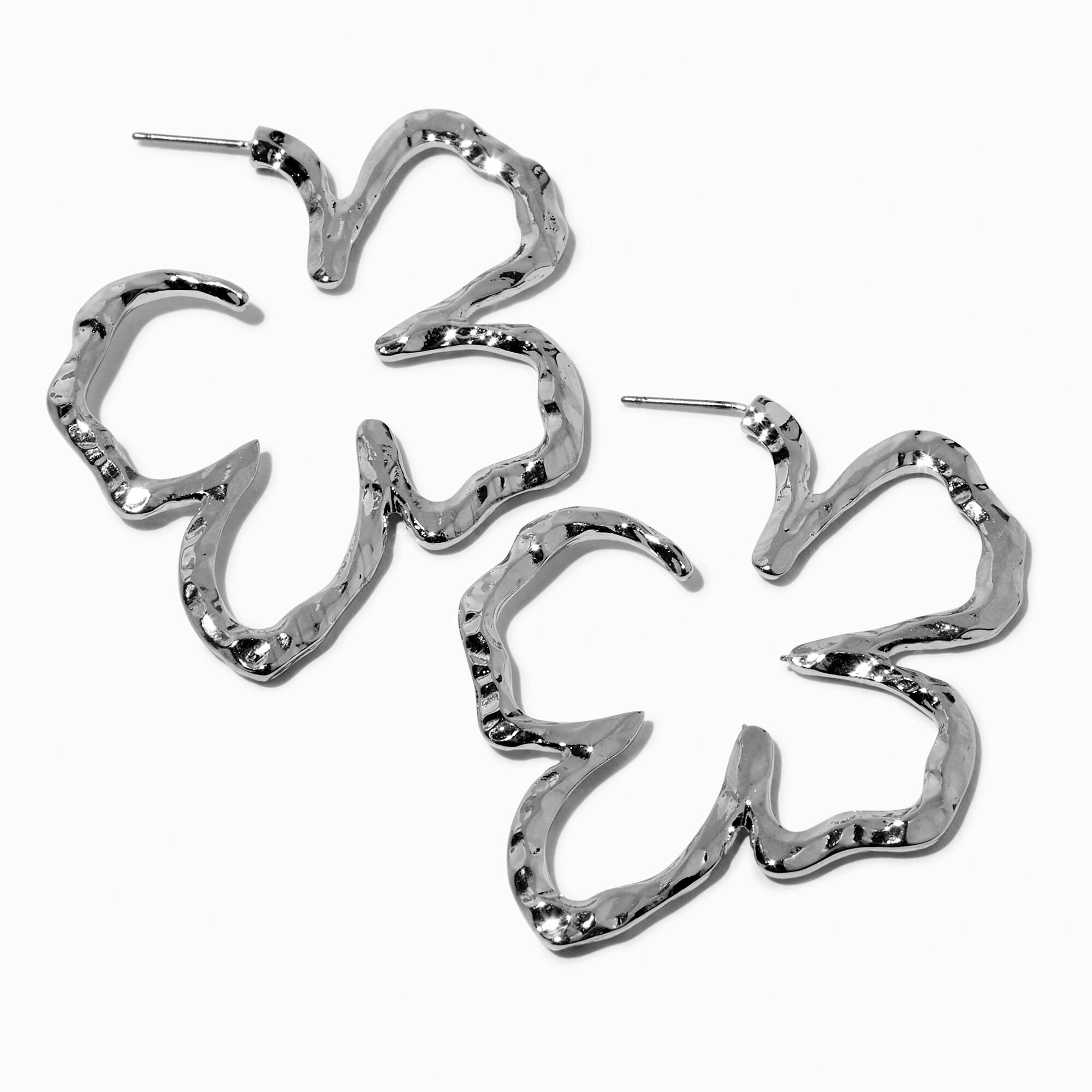 View Claires Squiggle Flower Outline Tone Hoop Earrings Silver information