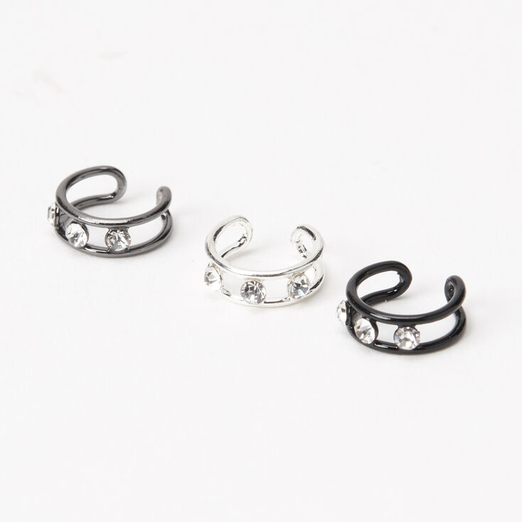 Mixed Metal Triple Crystal Ear Cuffs - 3 Pack,