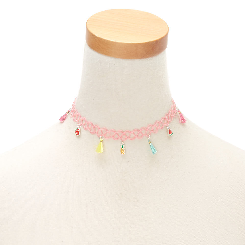 Claire's Club Fruit Tassel Tattoo Choker Necklace - Pink,