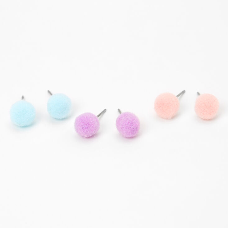 Pastel Pom Pom Stud Earrings - 3 Pack,