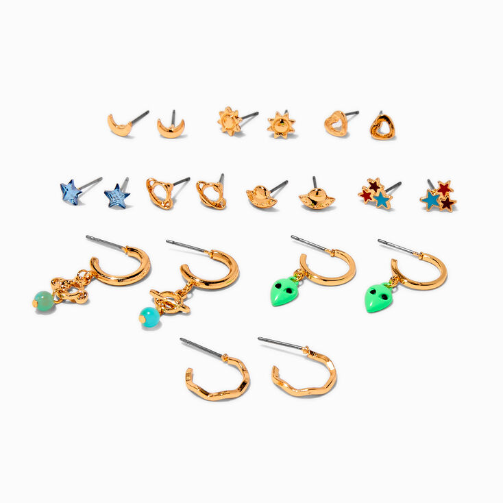 Celestial &amp; Space Gold-tine Earrings Set - 9 Pack,
