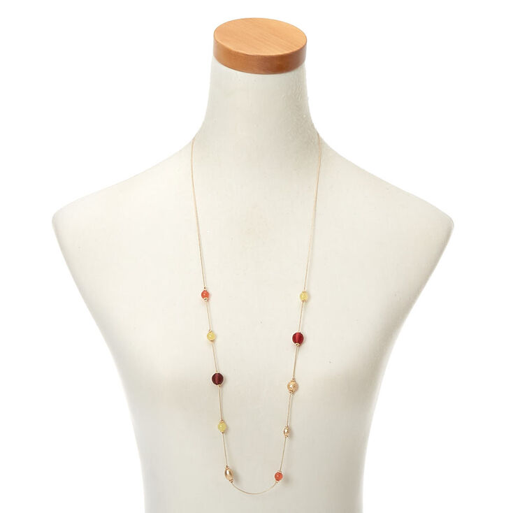 Gold Bead Long Necklace - Red,