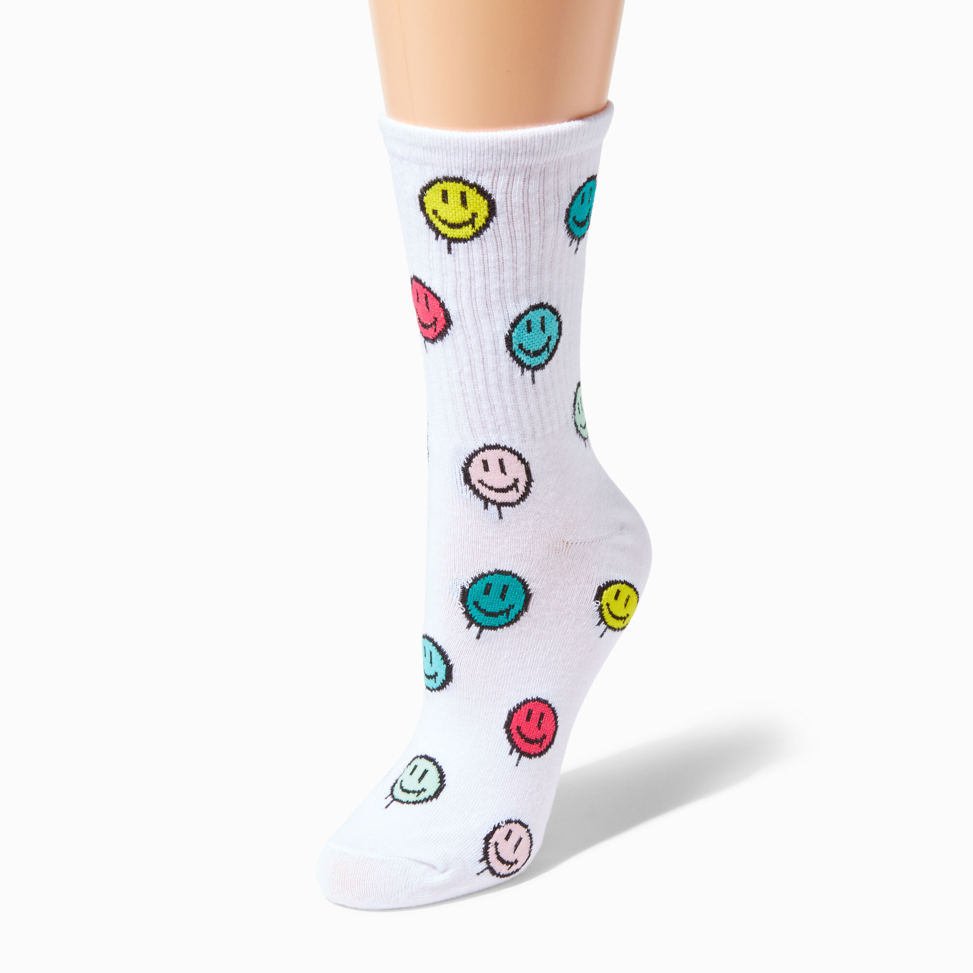 Socquettes blanches visage souriant arc-en-ciel,