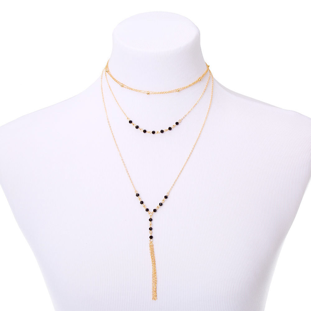 Gold Bead Multi Strand Necklace - Black,