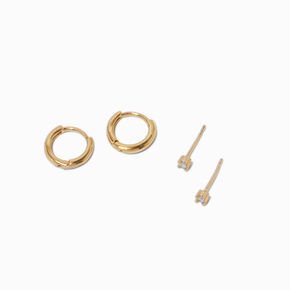 C LUXE by Claire&#39;s 18kt Gold Plated Cubic Zirconia 2mm &amp; 8mm Round Stud &amp; Clicker Hoop Earrings - 2 Pack,