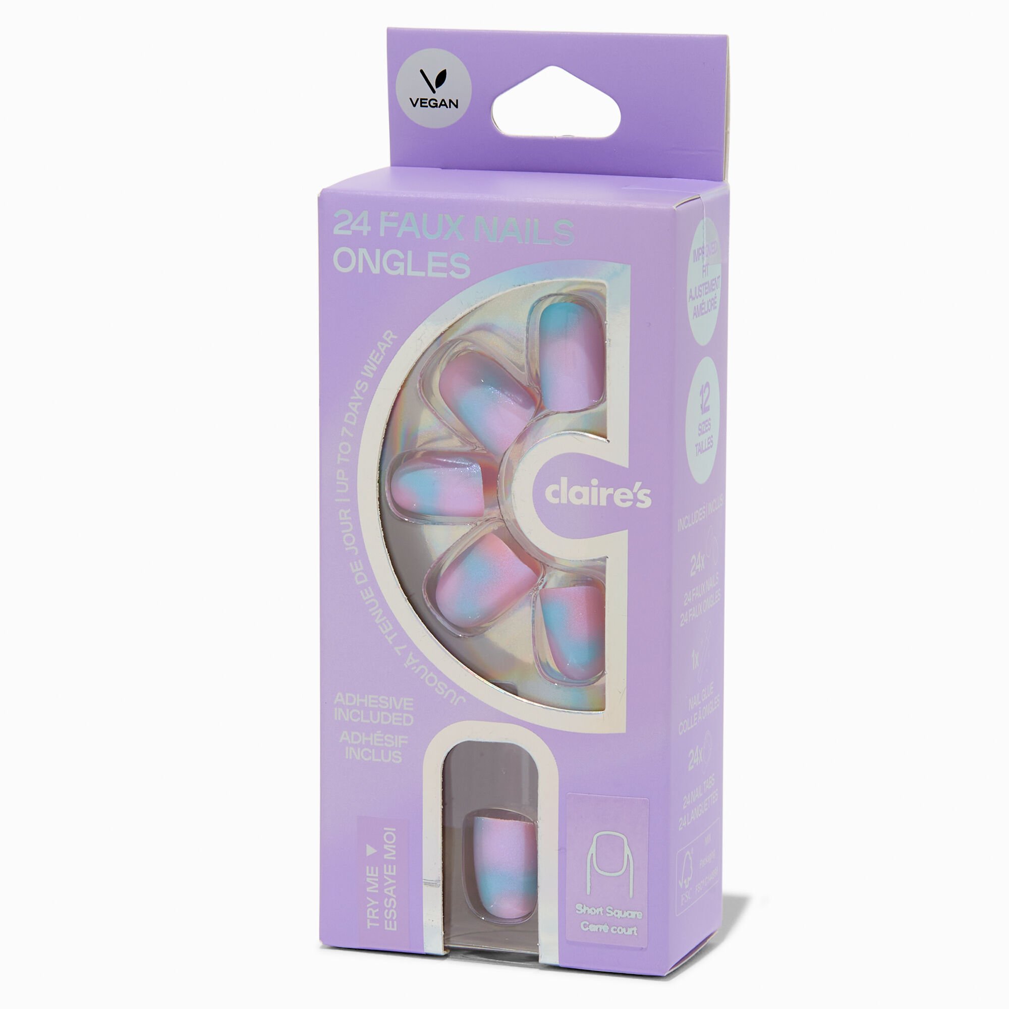 Holographic Glazed Short Square Vegan Faux Nail Set - 24 Pack,