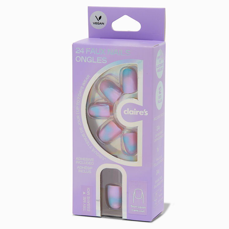 Holographic Glazed Short Square Vegan Faux Nail Set - 24 Pack,