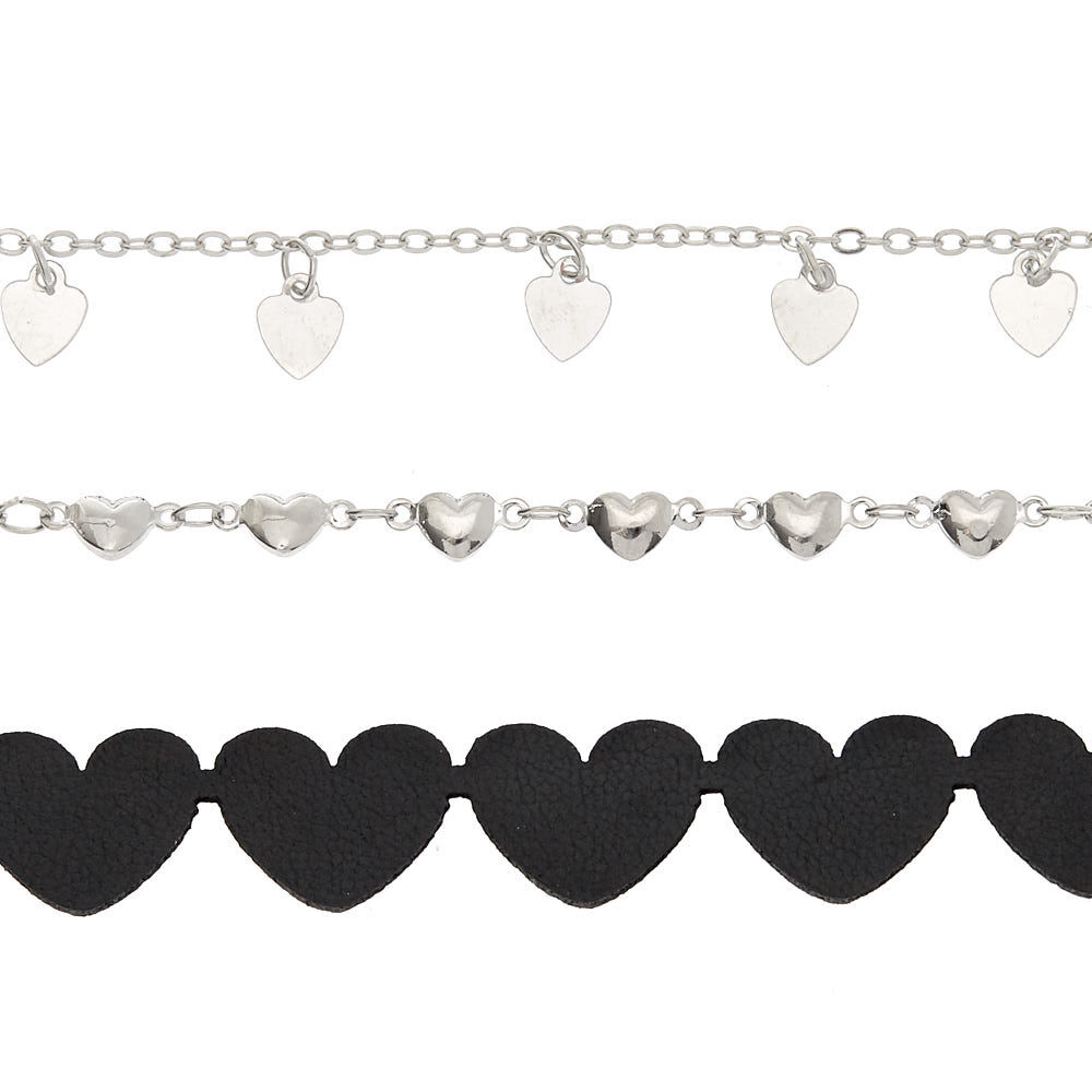 Silver Heart Choker Necklaces - Black, 3 Pack,