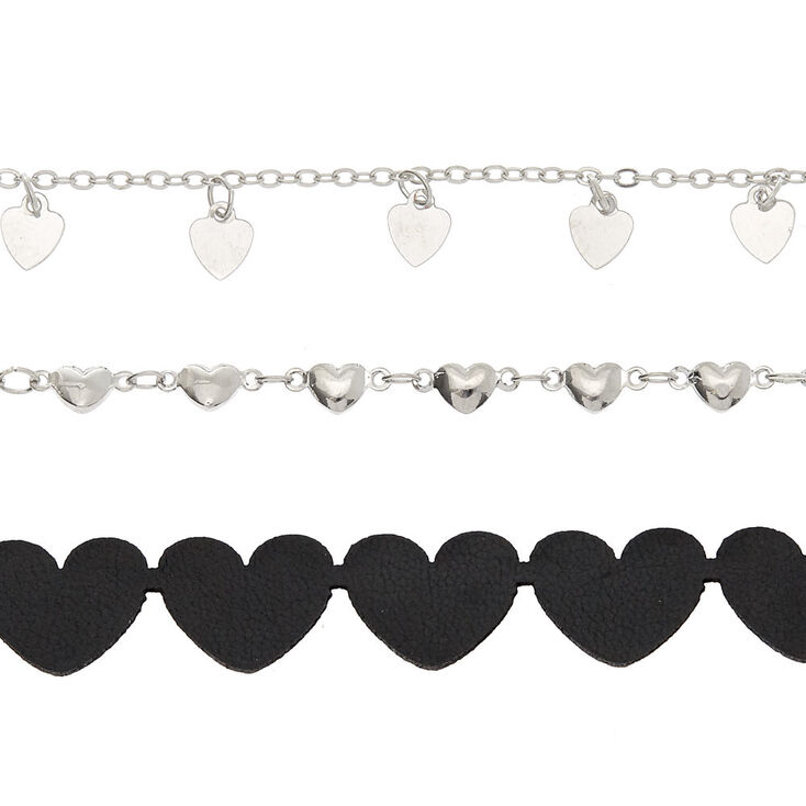 Silver Heart Choker Necklaces - Black, 3 Pack,
