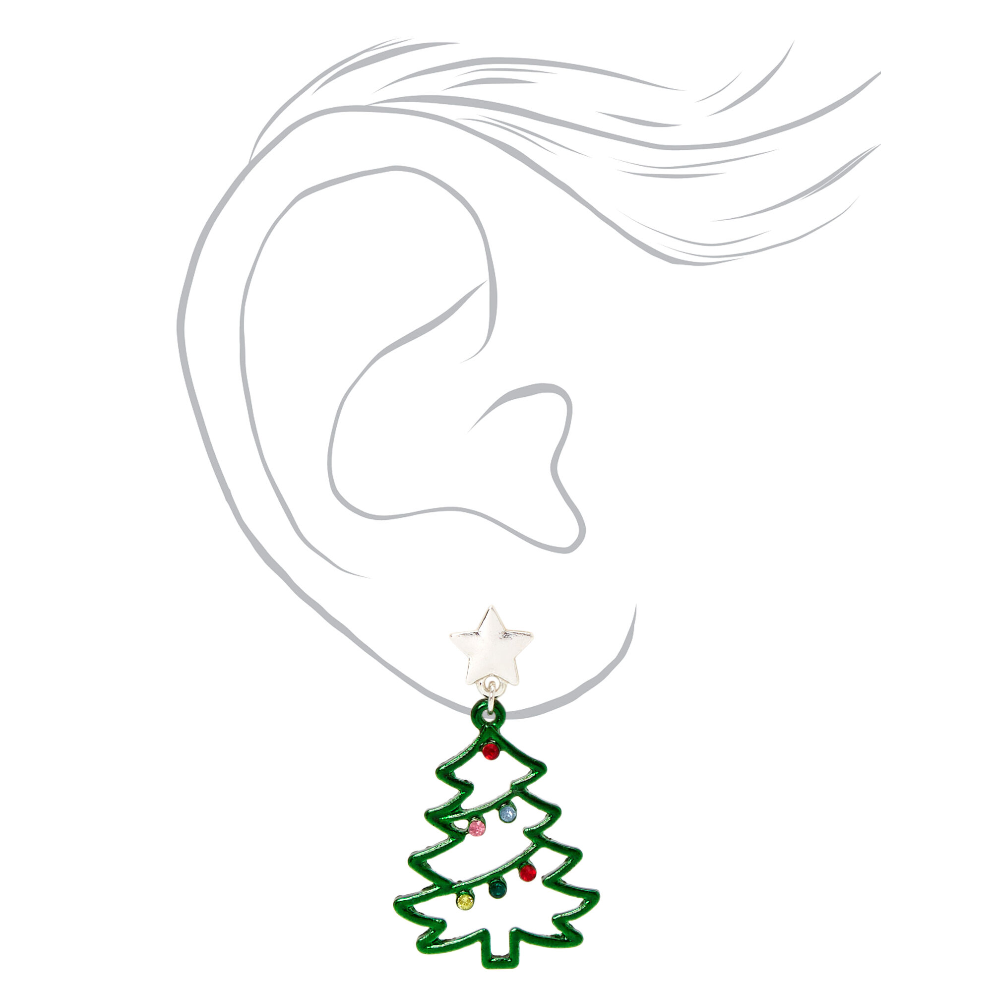 Silver 1" Christmas Tree Drop Earrings - Green,