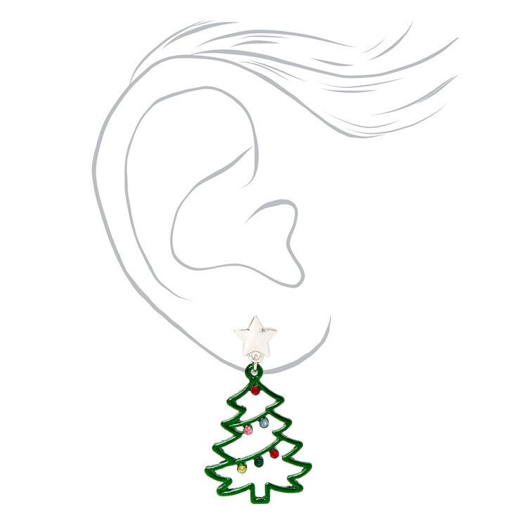 Silver 1&quot; Christmas Tree Drop Earrings - Green,