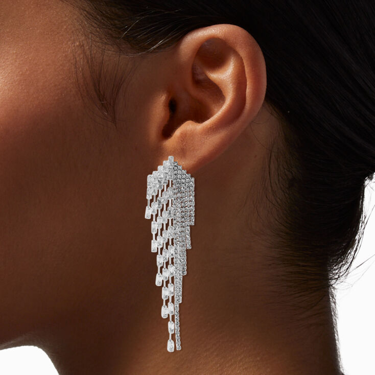 Silver-tone Space Rhinestone Linear Fringe 3&quot; Drop Earrings,