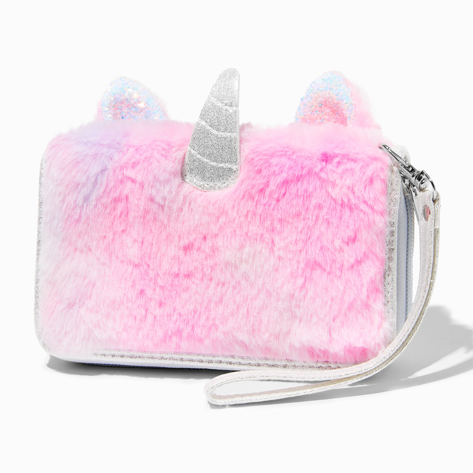 Claire's Pochette poignet licorne pastel en fausse fourrure rose