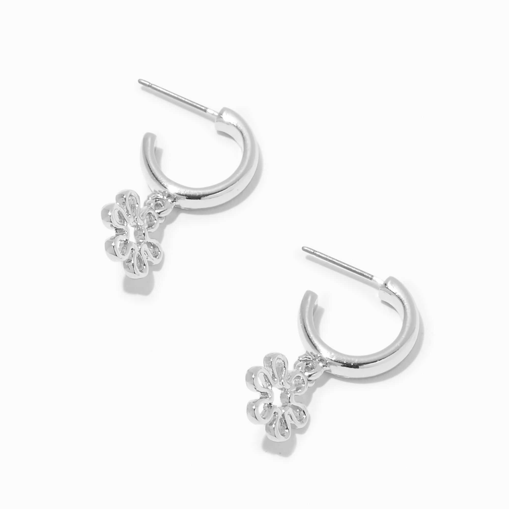 Claire s Recycled Jewellery Silver tone Daisy 10MM Huggie Hoop Earrings