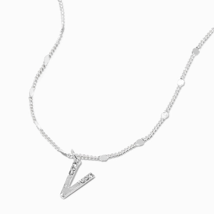 Silver Half Stone Initial Pendant Necklace - V