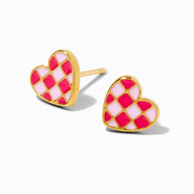 18K Gold Plated Pink Checkered Heart Stud Earrings,