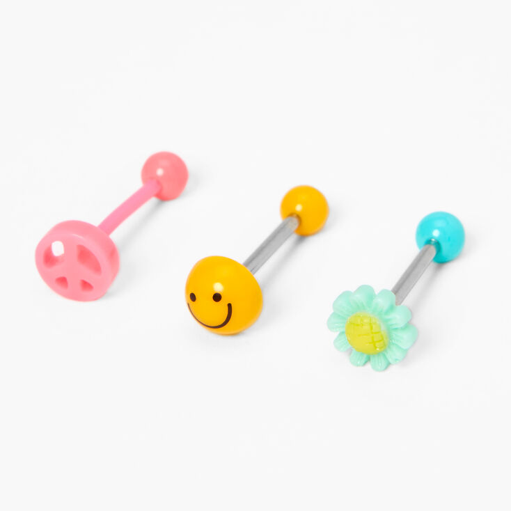 Peace Sign, Happy Face, &amp; Daisy 14G Barbell Tongue Rings &#40;3 Pack&#41;,