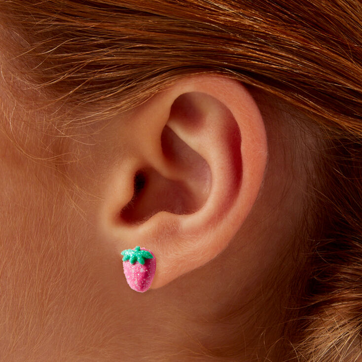 Glitter Pink Strawberry Stud Earrings,