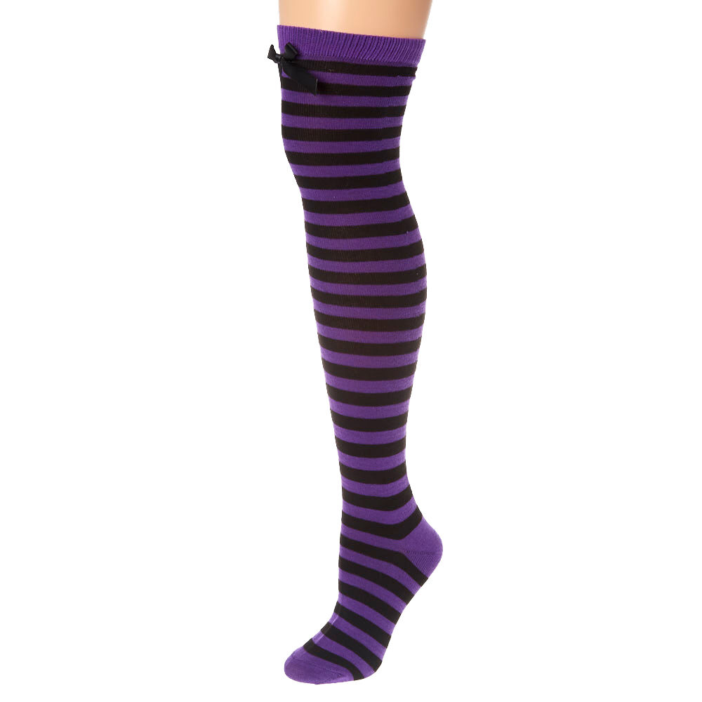 Purple and black shop striped thigh high socks