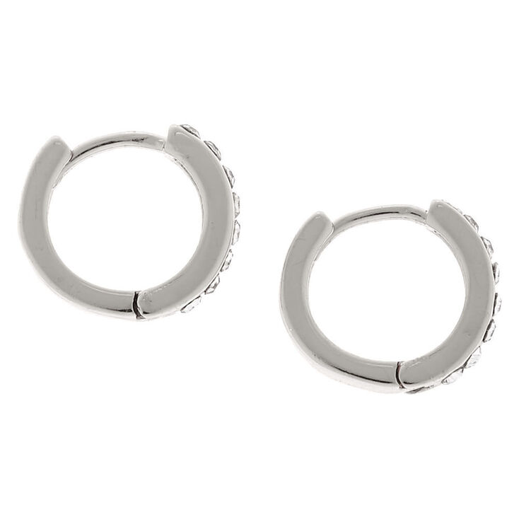 Silver 10MM Embellished Huggie Hoop Earrings,