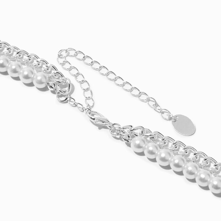 Silver Curb Chain &amp; Pearl Multi-Strand Necklace,