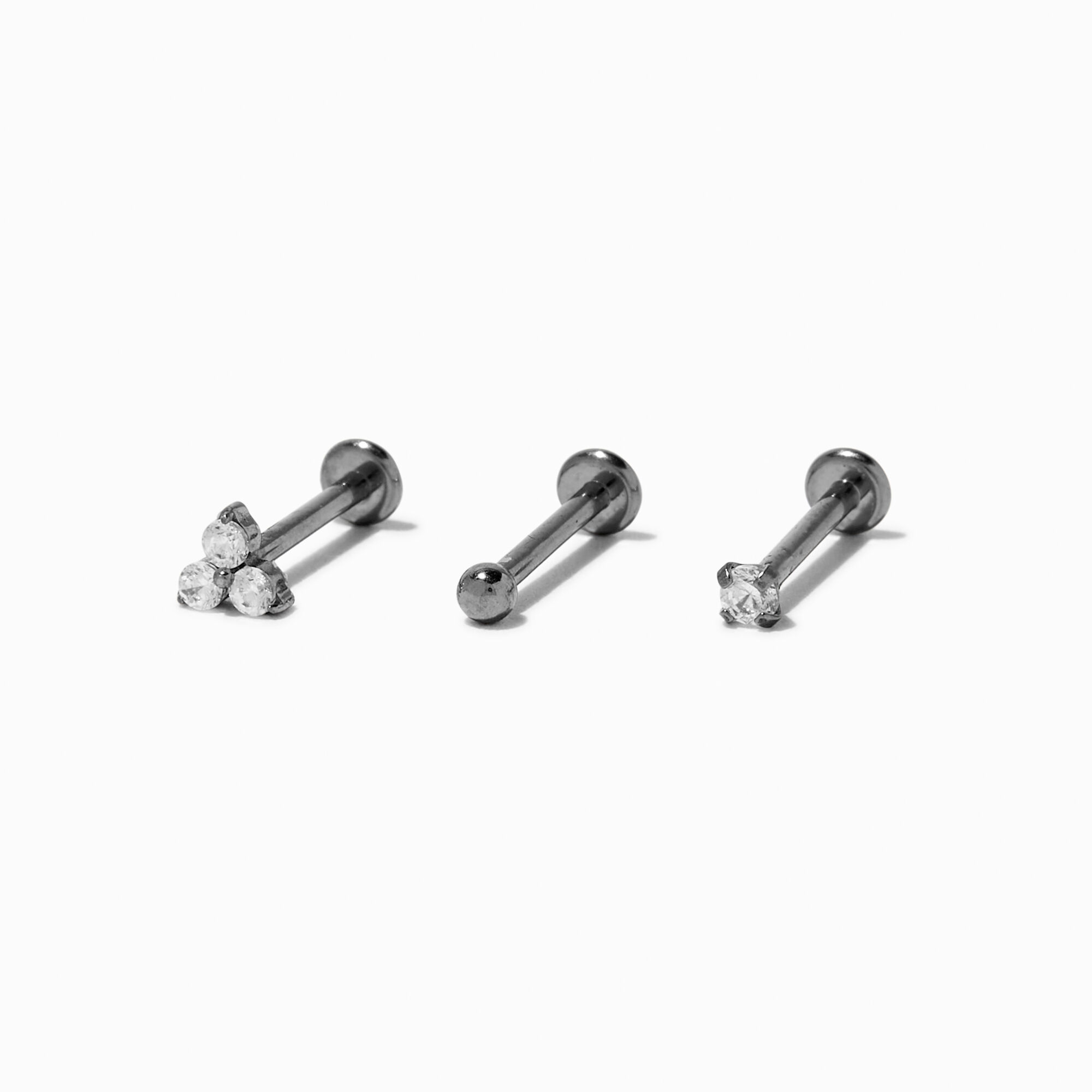 View Claires Tone Titanium Cubic Zirconia 18G Threadless Tragus Earring 3 Pack Silver information