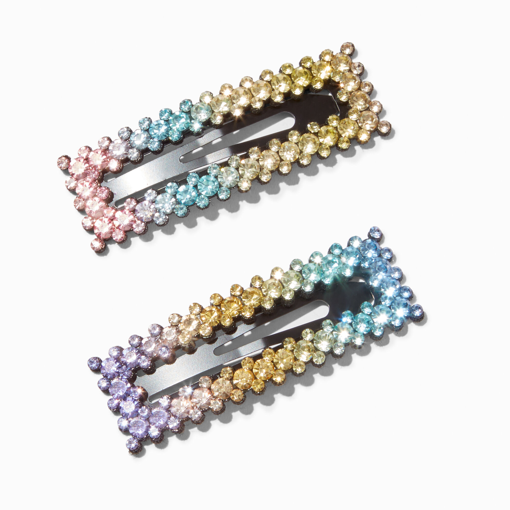 View Claires Pastel Ombre Rhinestone Snap Hair Clips 2 Pack Rainbow information