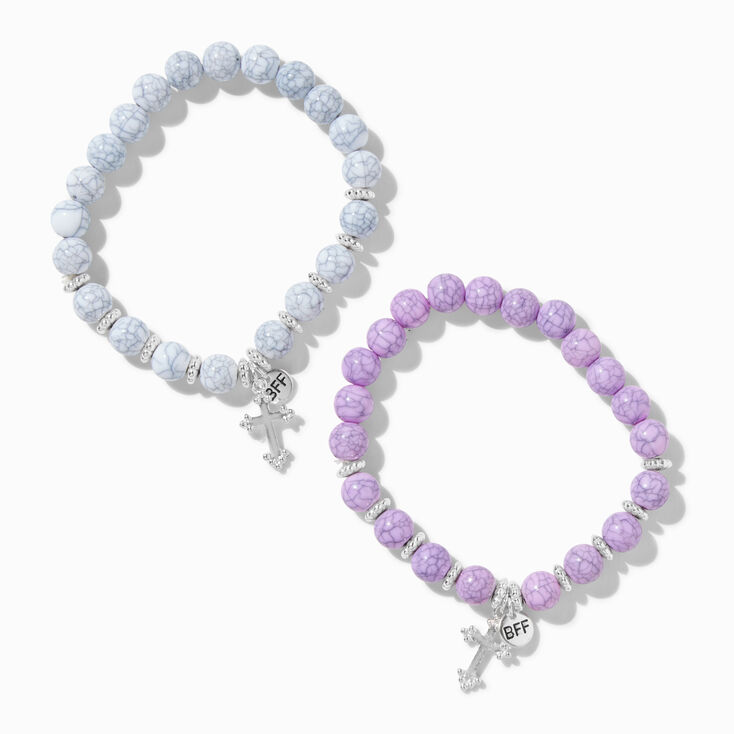 Best Friends Cross Marbled Beaded Stretch Bracelets - 2 Pack,