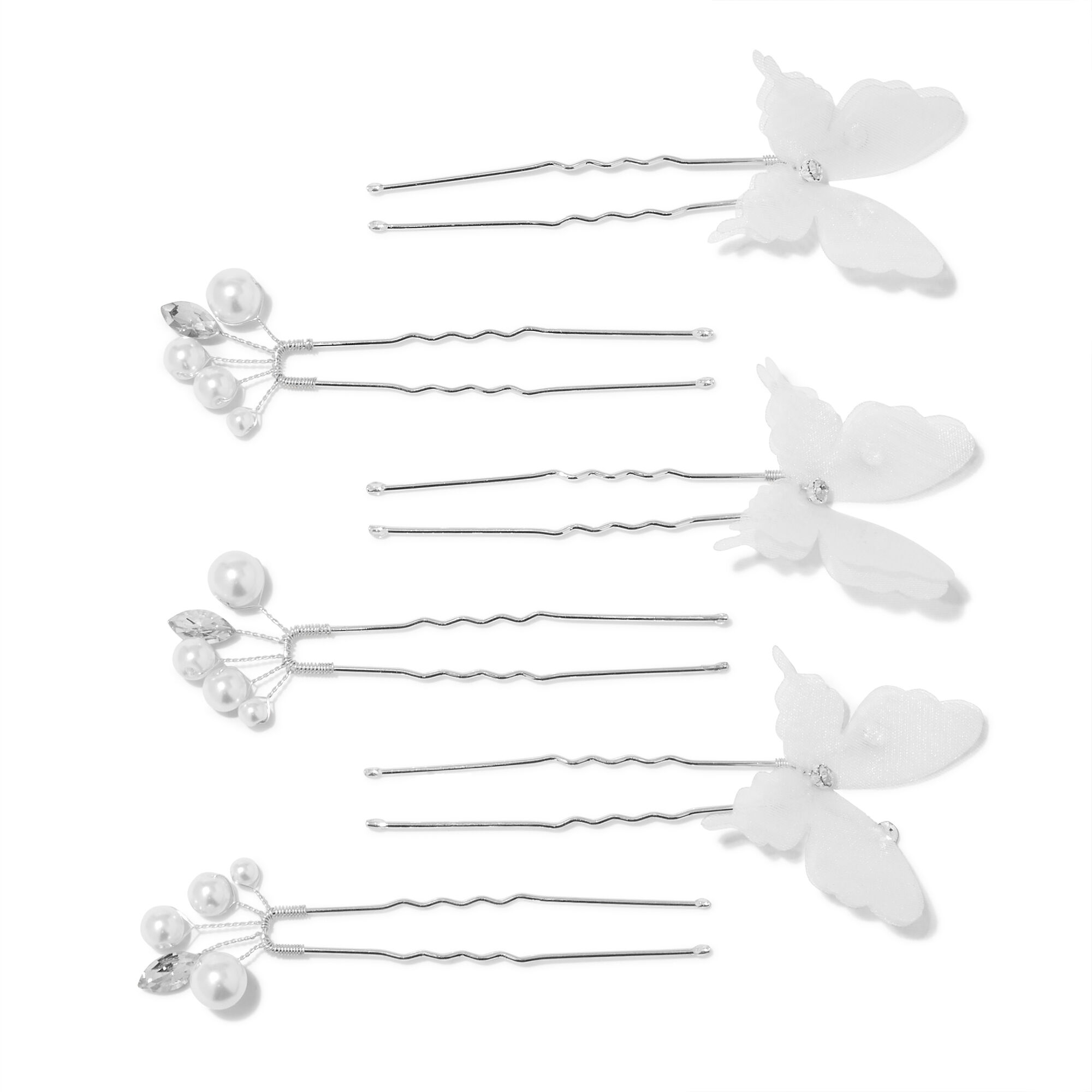 View Claires Tone Butterfly Pearl Hair Pins 6 Pack Silver information
