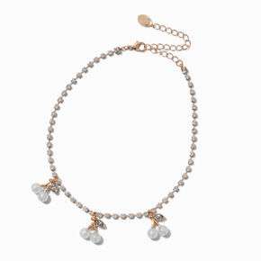 Pearlized Cherry Charm Gold-tone Crystal Cup Chain Choker Necklace,